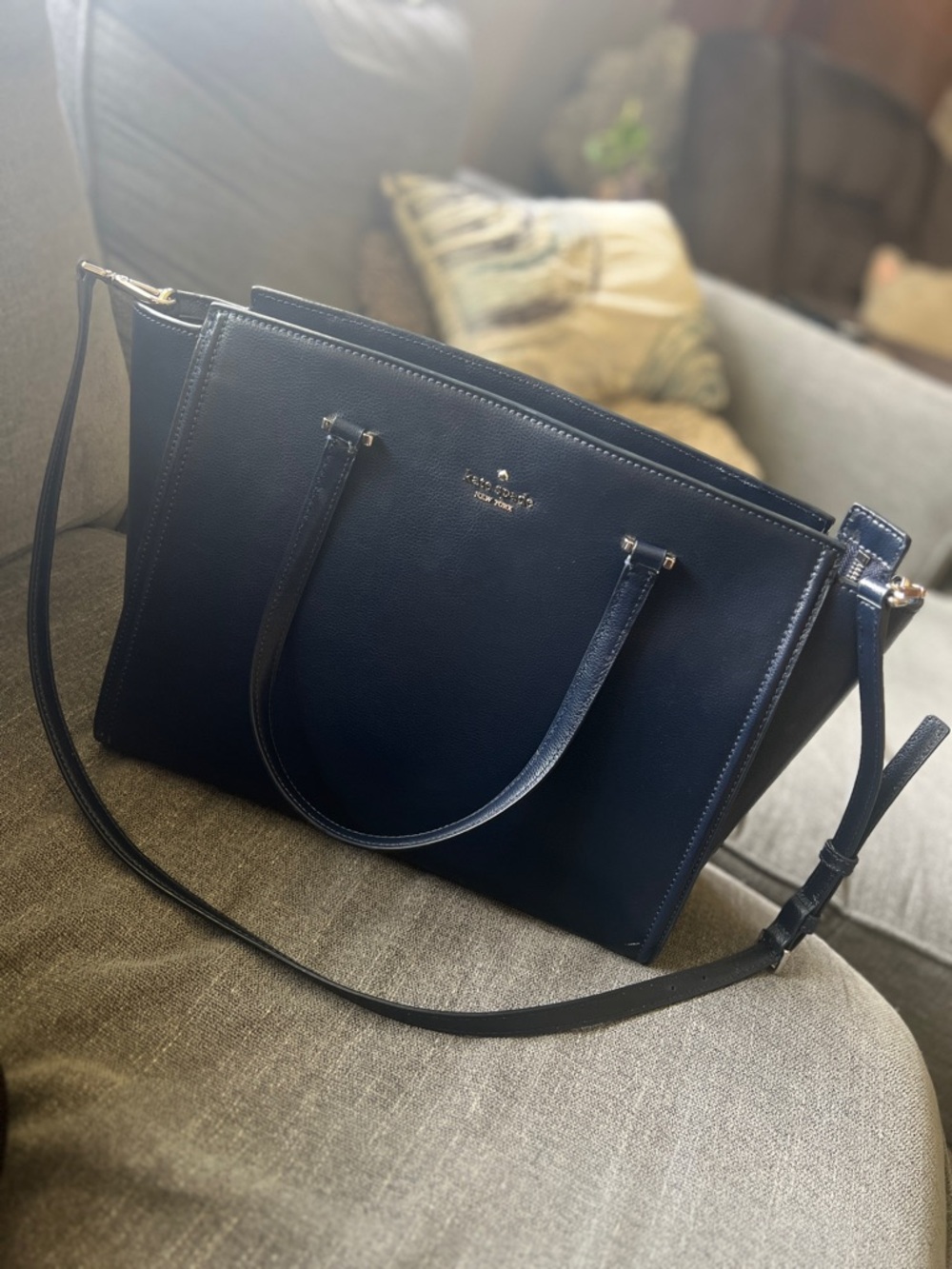 Kate Spade Navy Leather Tote with Shoulder Strap - Picture 7 of 9